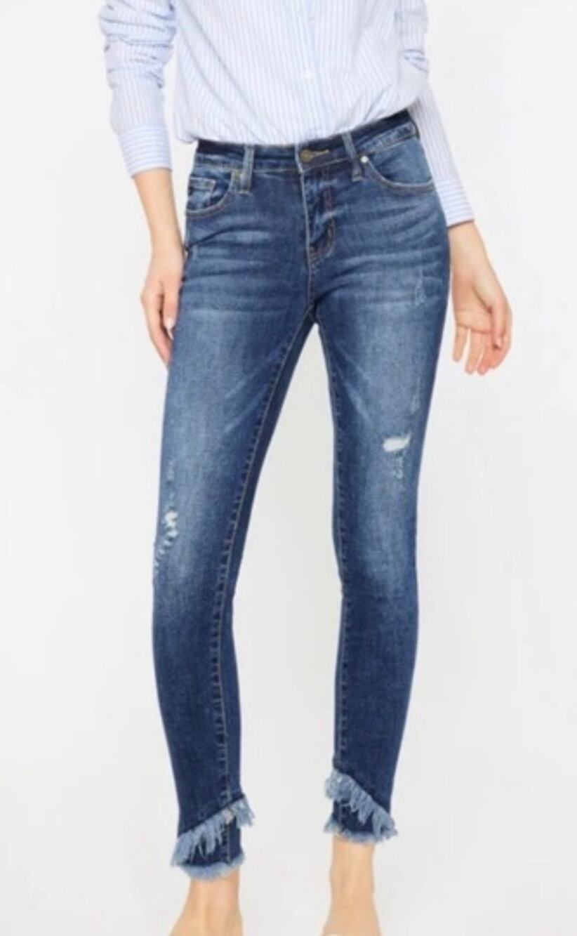 Kancan KC6204D Mid Rise Ankle Fringe Skinny Jeans size 13/30